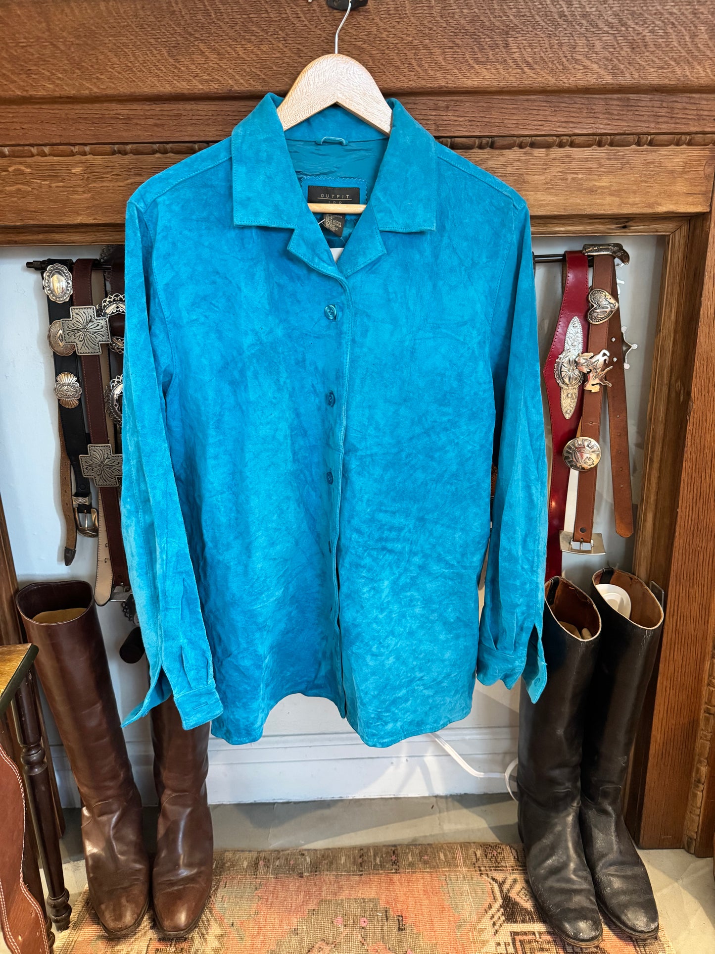 Teal Suede/Leather Button up Top