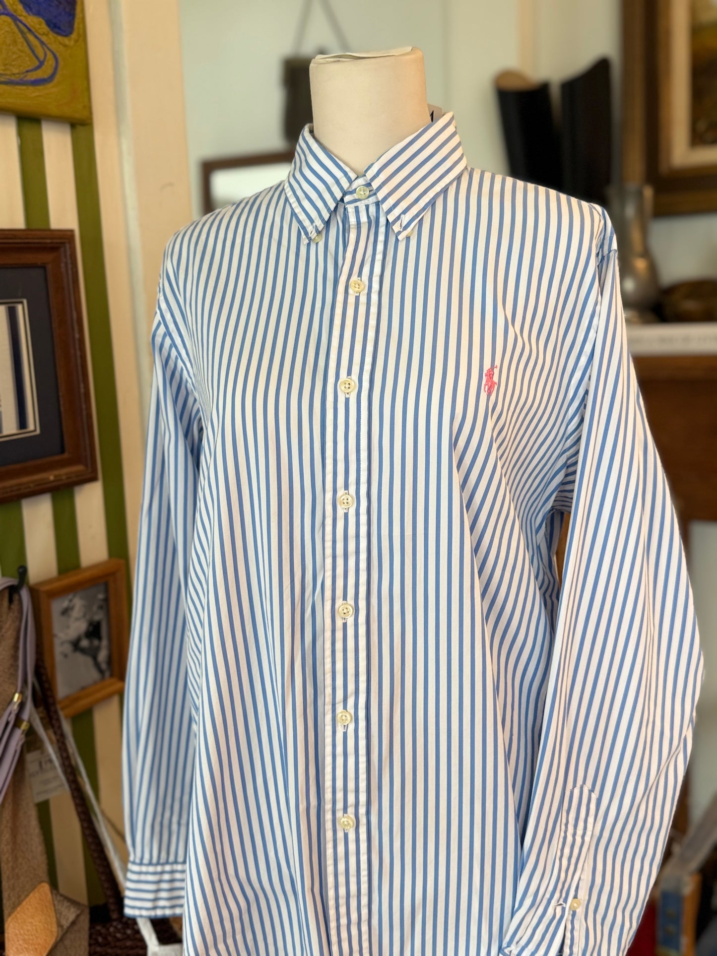 RL blue striped with pink pony
